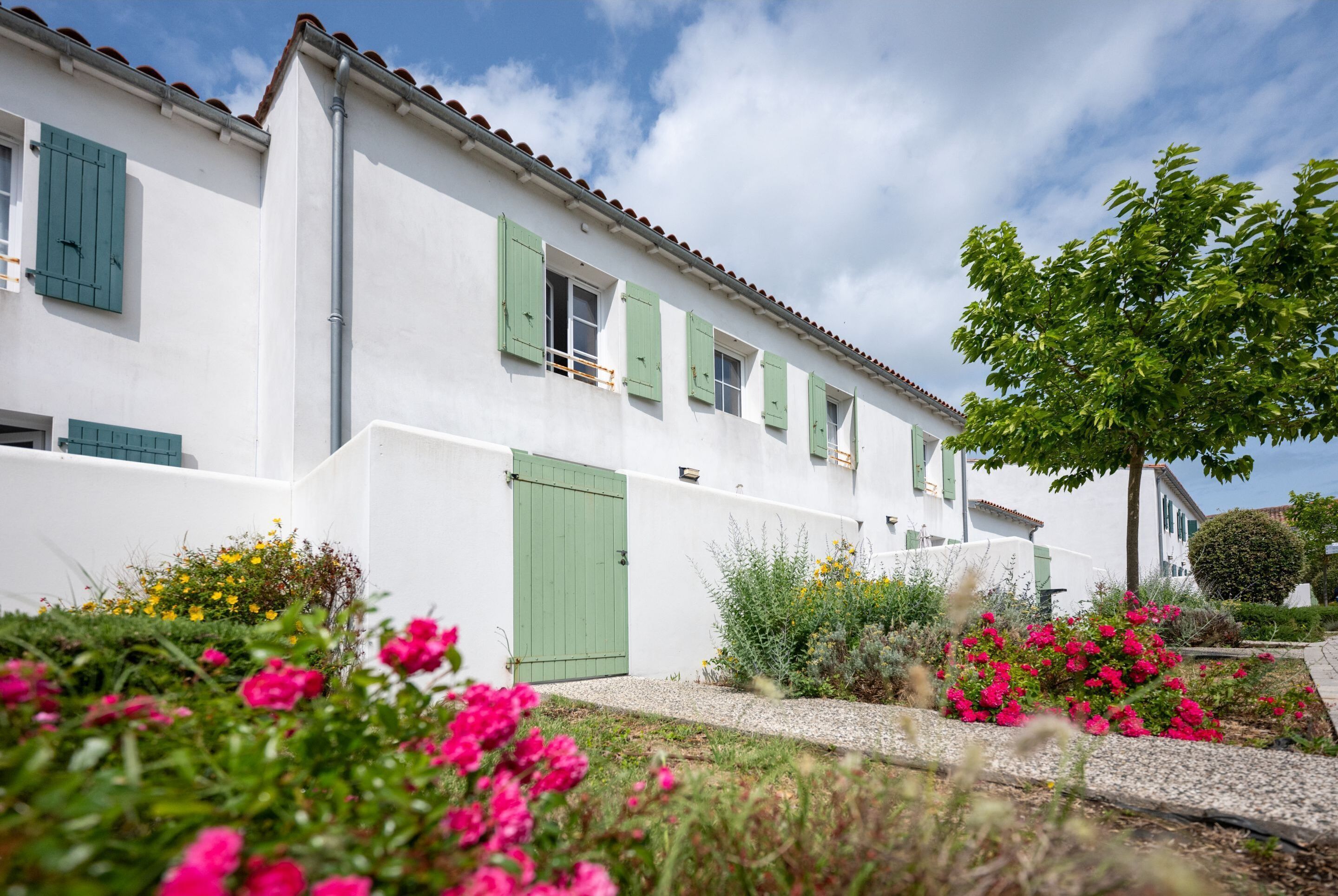 A white building with green shutters, a gravel pathway, and pink flowers in the foreground.