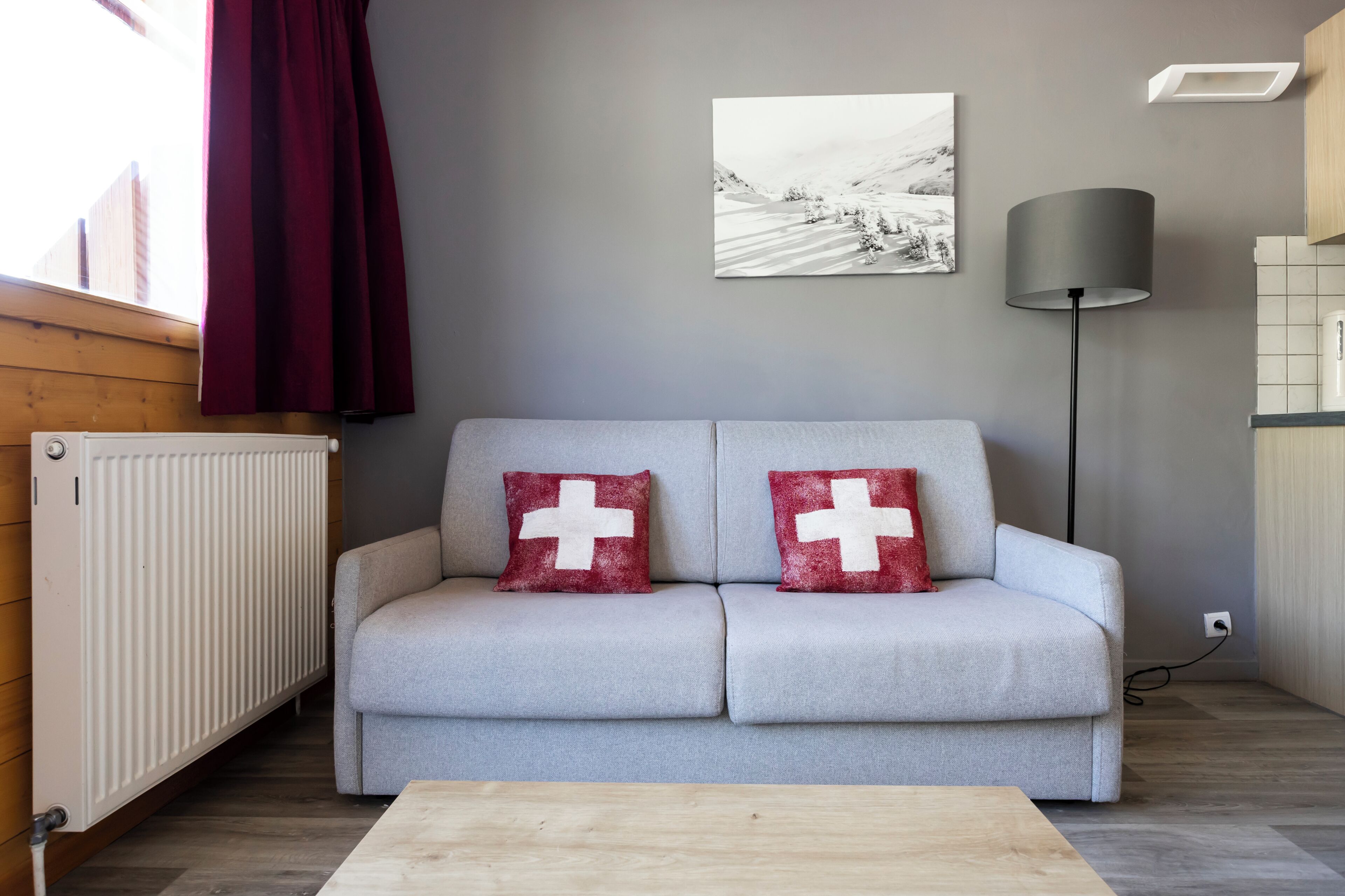 A modern living room with a grey sofa, two red pillows with white crosses, a white radiator, a black floor lamp, and a painting of a snowy landscape.