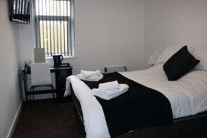 Desk, blackout curtains, soundproofing, iron/ironing board
