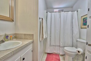 A bathroom with a sink, toilet, and shower curtain. - Close to town - Amazing Views - Pet Friendly house in Wimberley! (Wimberley)