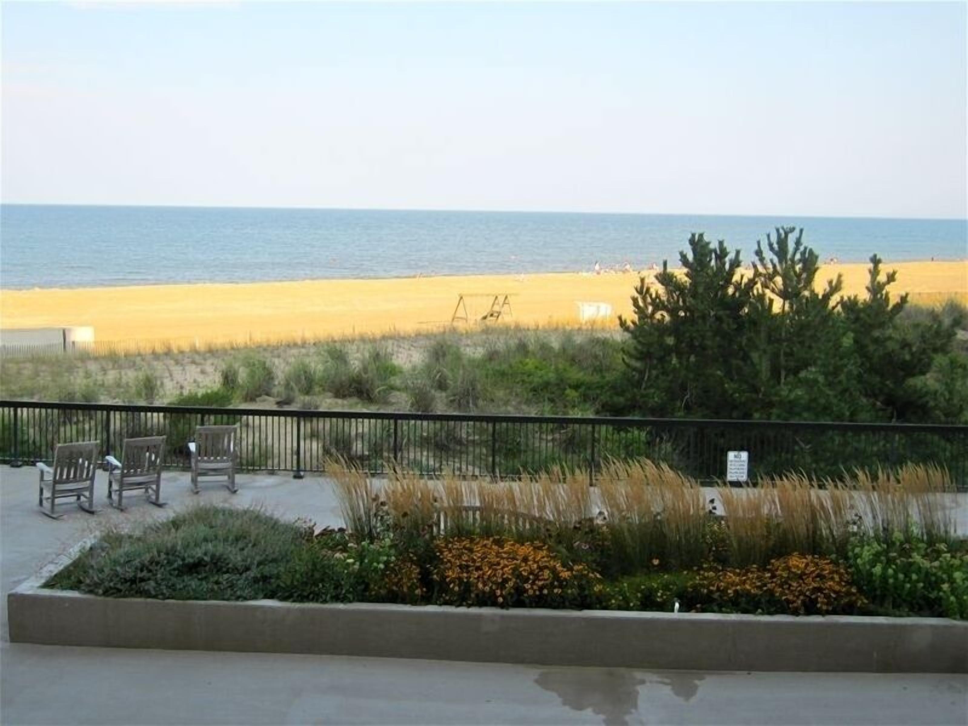 On the beach, sun-loungers