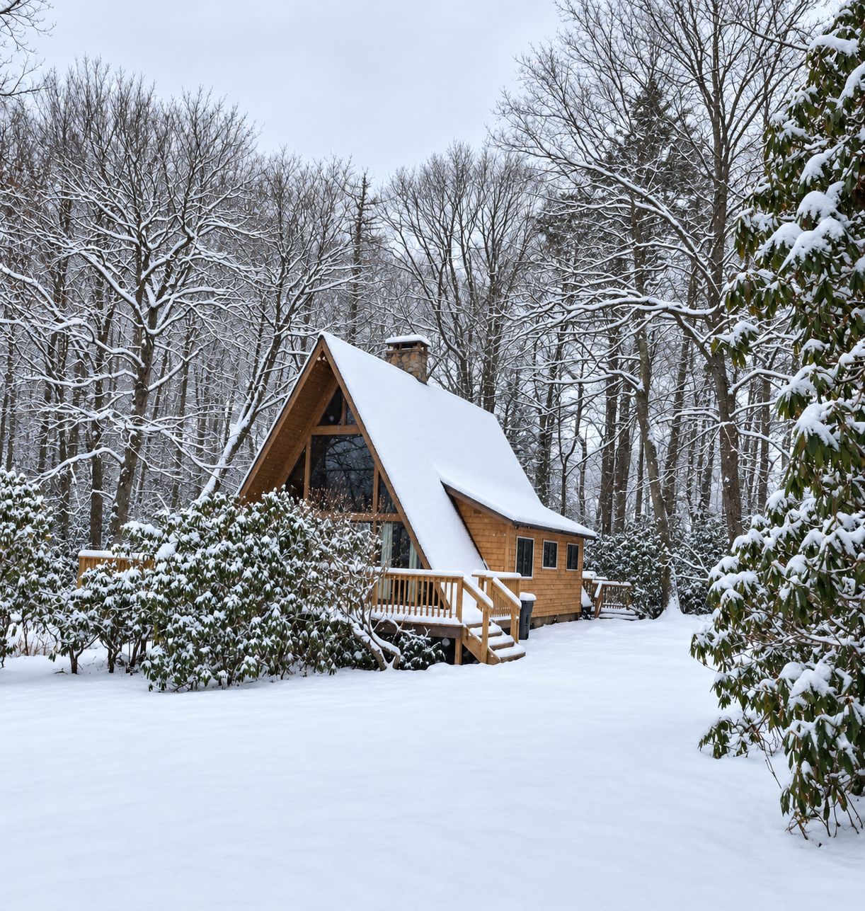 Una cabaña de madera con techo empinado, rodeada de árboles cubiertos de nieve y un paisaje nevado.