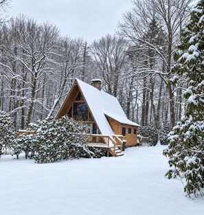 A wooden cabin with a steeply pitched roof, surrounded by snow-covered trees and a snowy landscape.