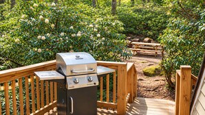 Un barbecue Char-Broil sur une terrasse en bois, avec vue sur un jardin.