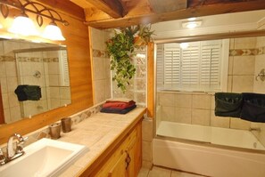 Combined shower/tub, hair dryer, towels, soap