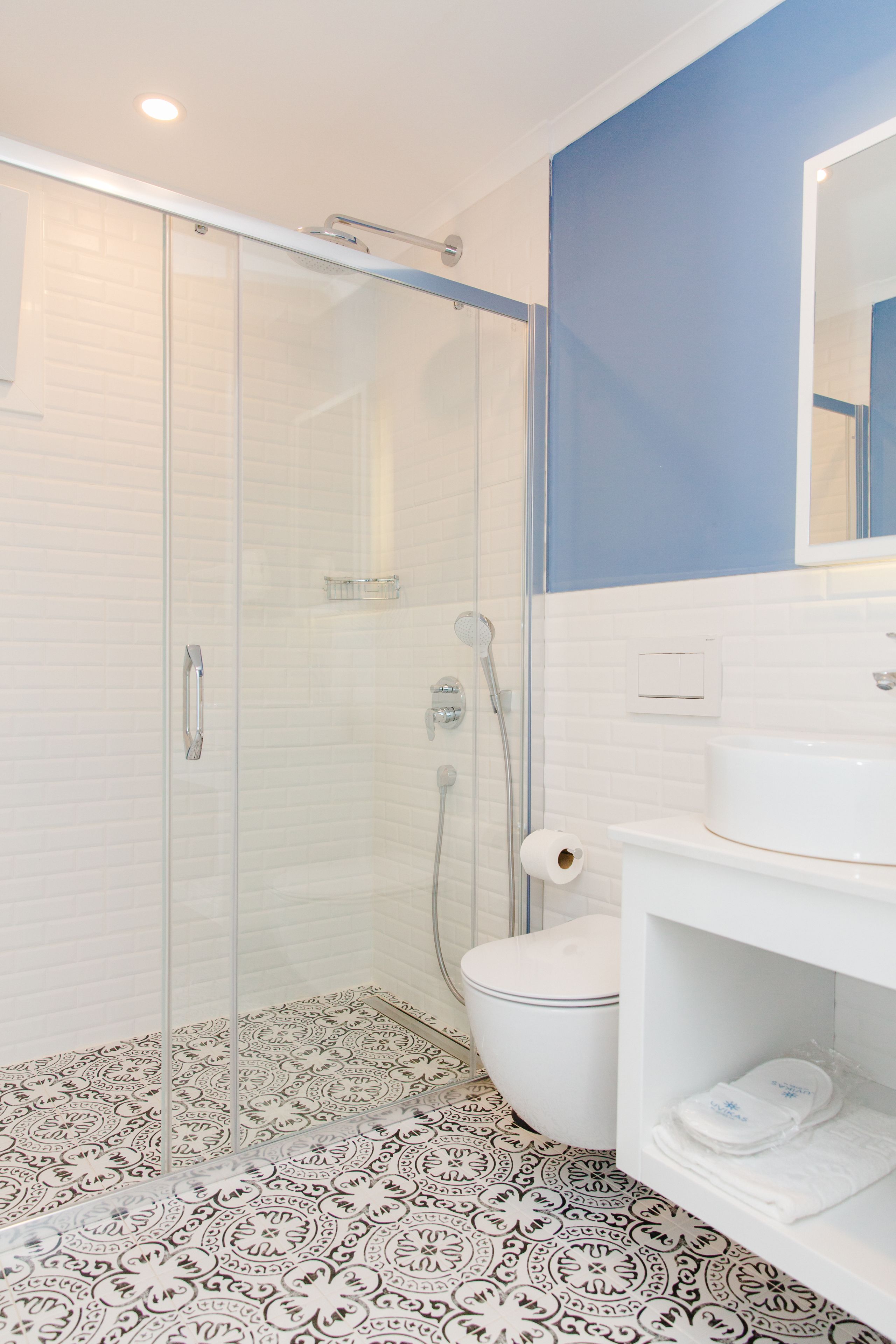 A bathroom with a glass-enclosed shower, a white toilet, and a sink with a mirror above it.
