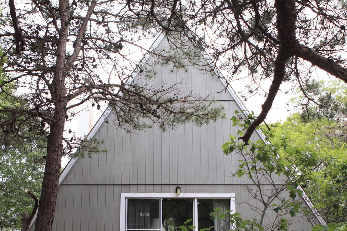 A cabin with a deck and a sliding glass door.