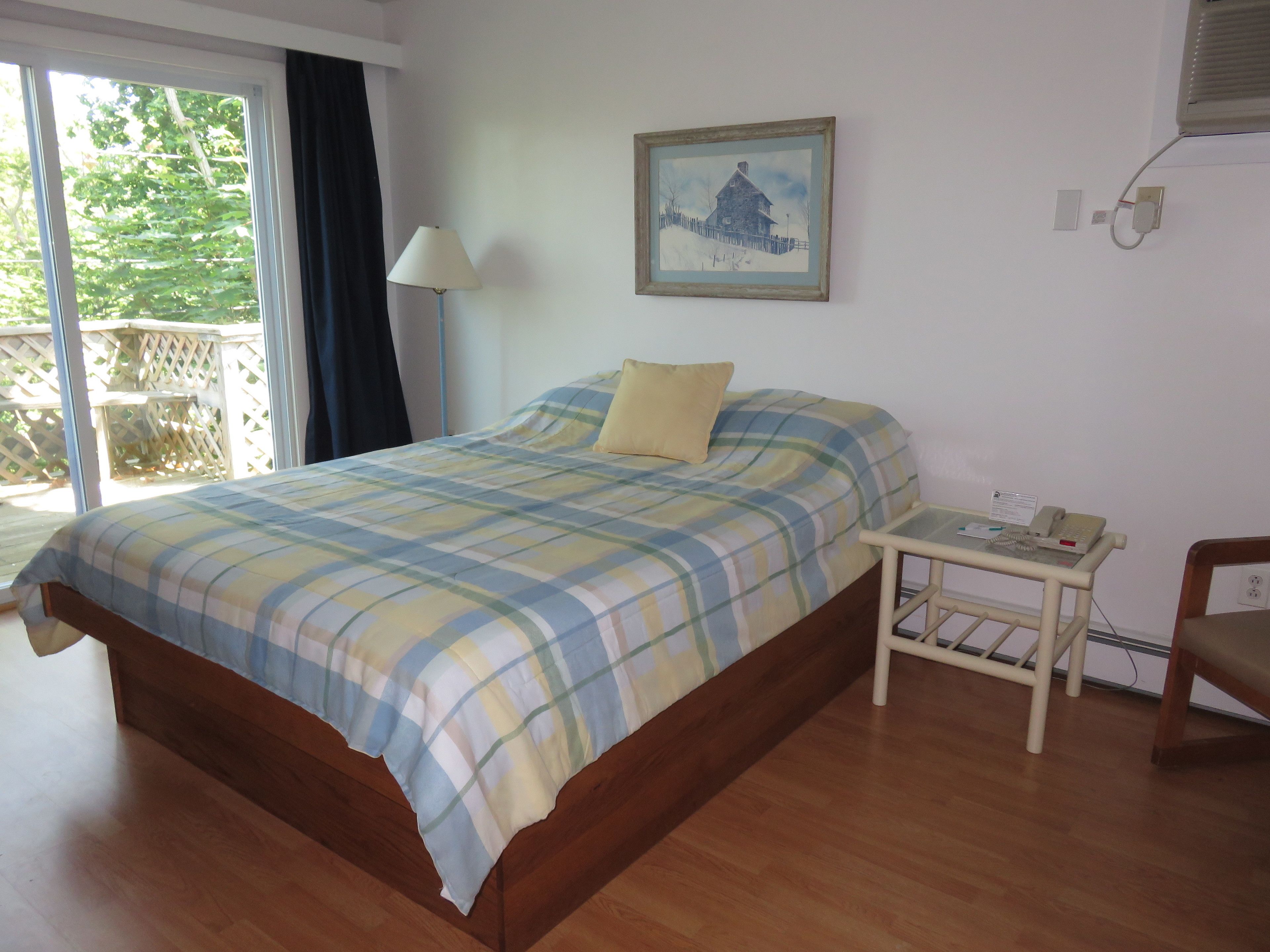 A bedroom with a bed, a bedside table with a phone, a painting on the wall, and a view of the outdoors.