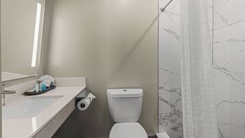 A modern bathroom with a white sink, toilet, and shower.