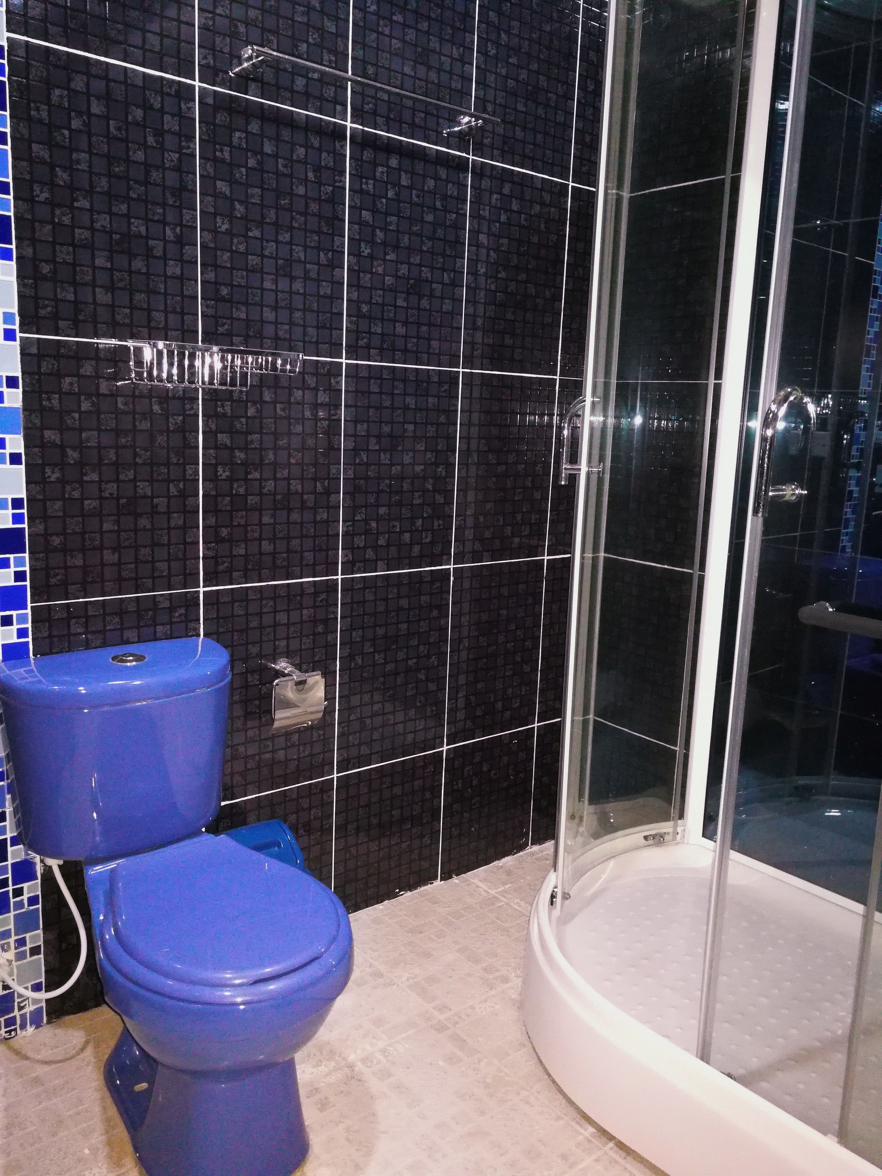 A bathroom with a black tiled wall, a blue toilet, and a glass shower enclosure.