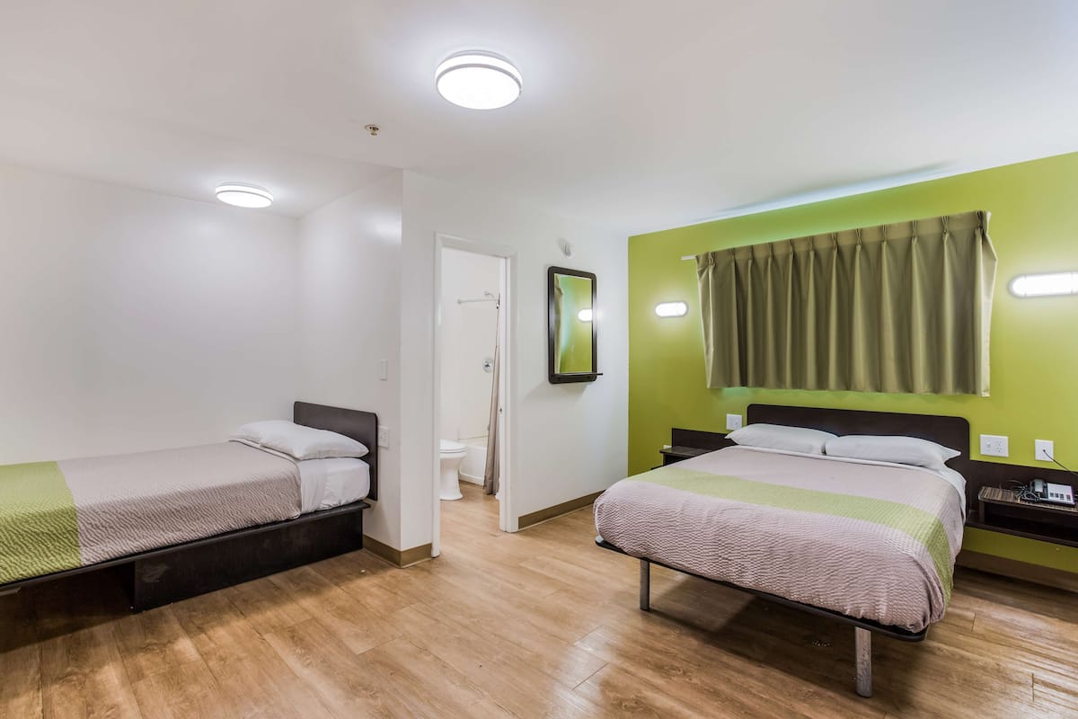 Habitación de hotel con dos camas individuales, una pared de acento verde, un espejo y una ventana con cortinas.