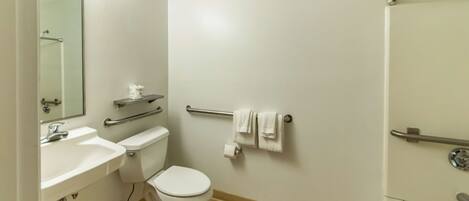 A bathroom with a toilet, sink, mirror, and towel rack.