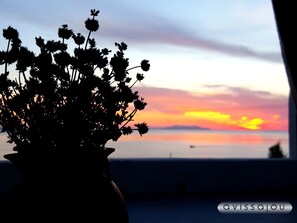 A vase with flowers against a sunset view. - Avissalou Apartments (Tinos)