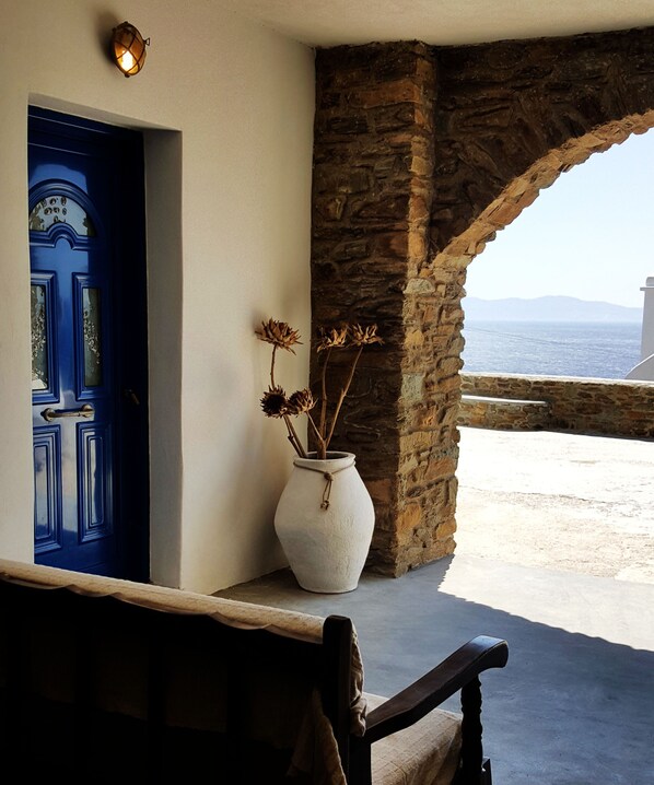 Economy Apartment, 1 Bedroom, Partial Sea View, Ground Floor | Premium bedding, desk, blackout drapes, soundproofing - Avissalou Apartments (Tinos)