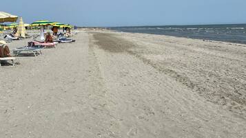 On the beach, sun loungers, beach towels