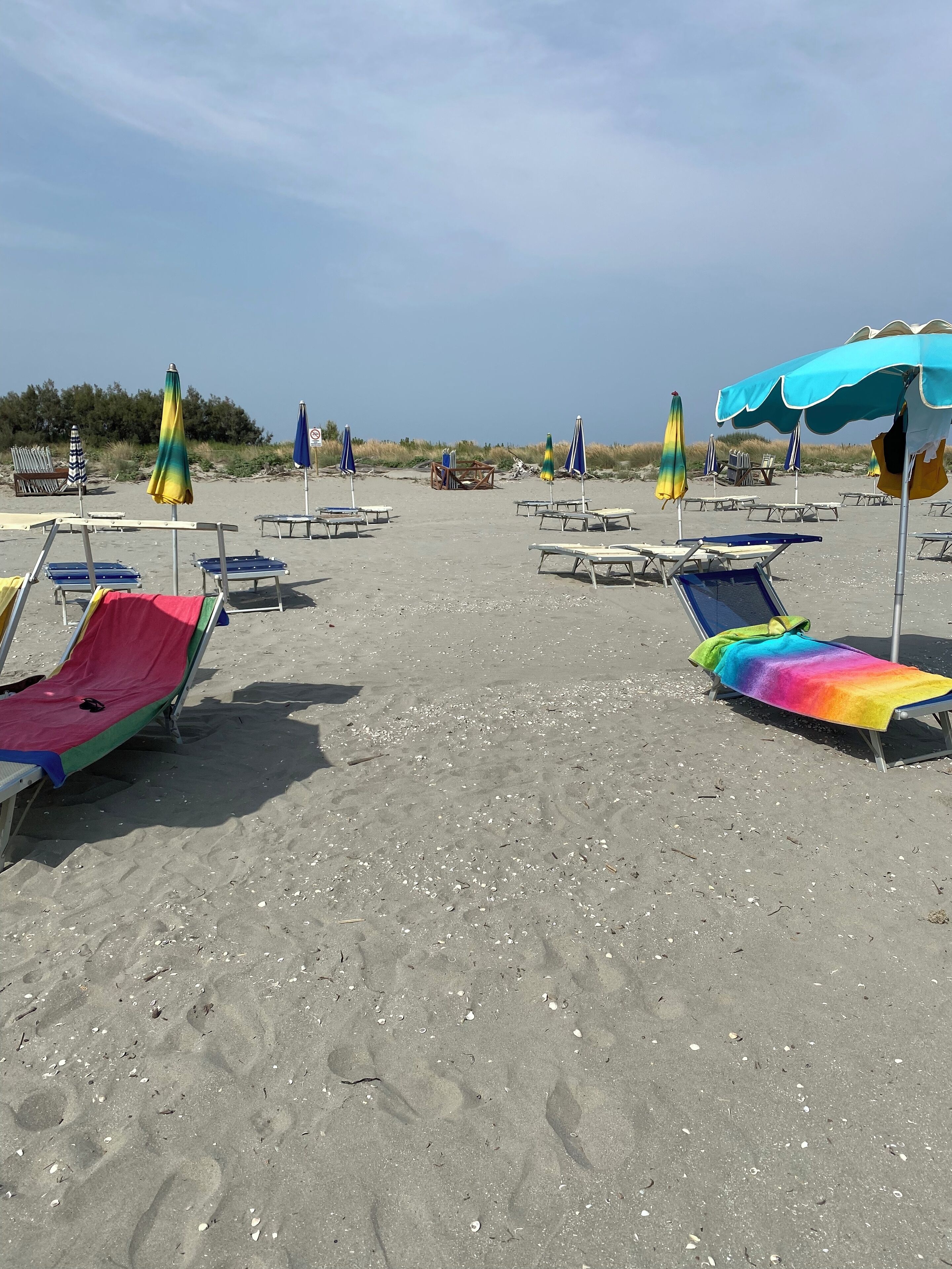 Une plage bordée de rangées de transats et de parasols, dont certains sont recouverts de tissus aux couleurs vives.