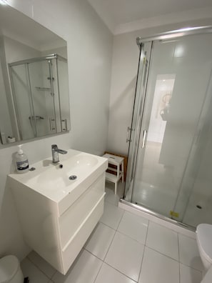 Shower, hair dryer, towels, toilet paper