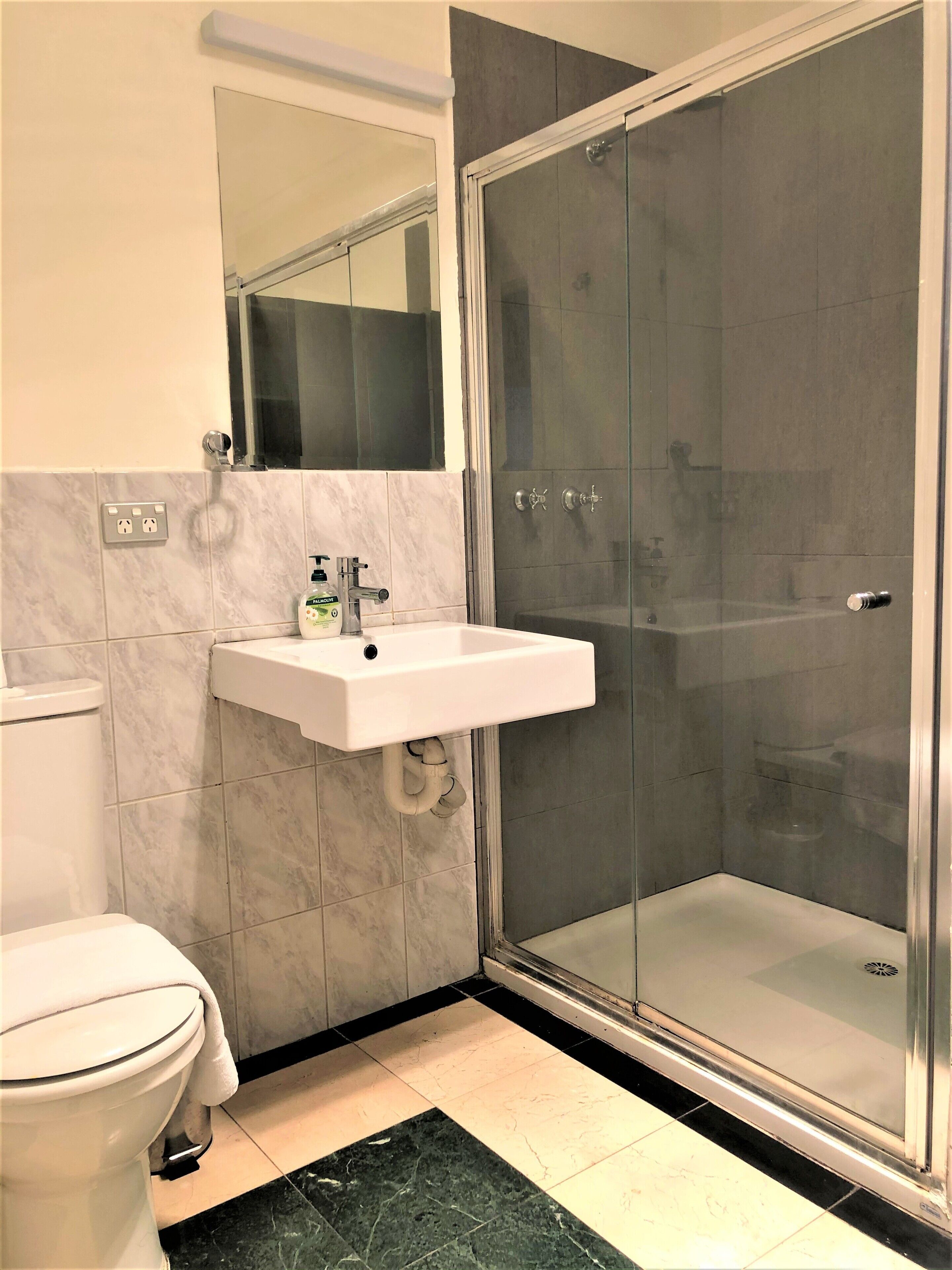 A bathroom with a toilet, a sink, and a glass-enclosed shower.