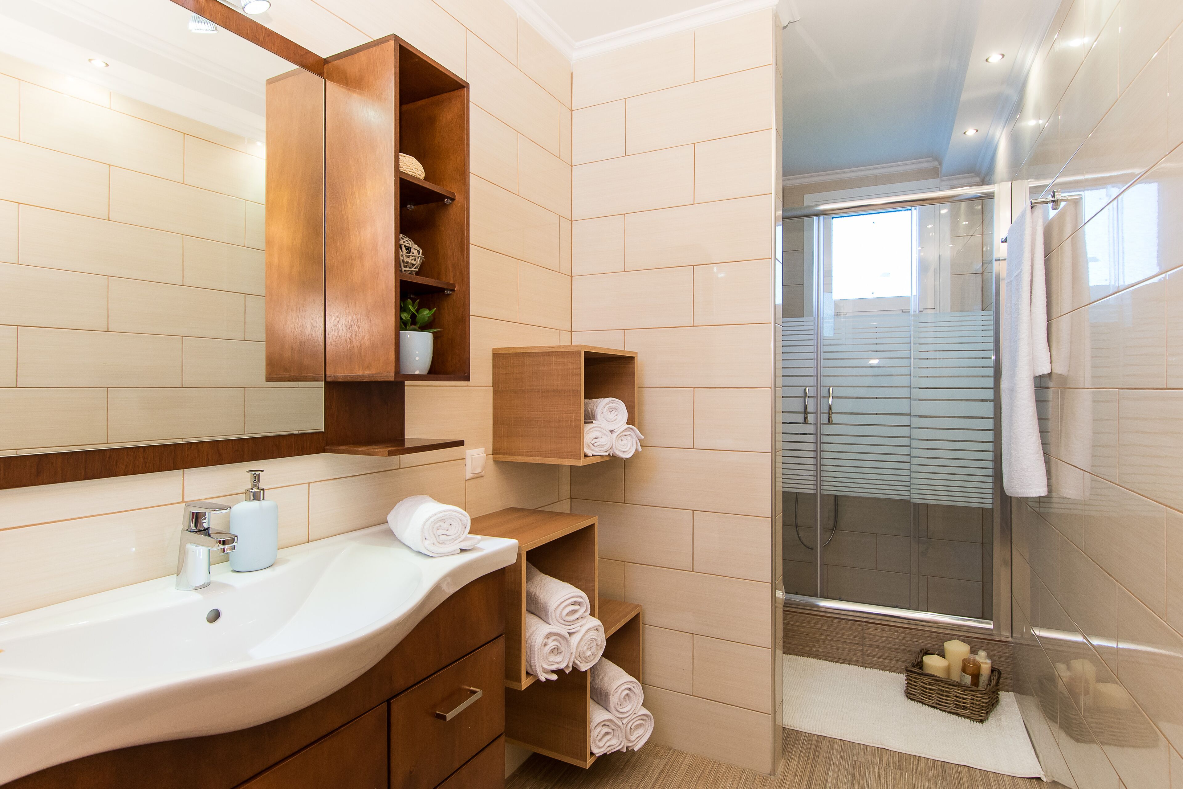 Shower, hair dryer, bidet, towels