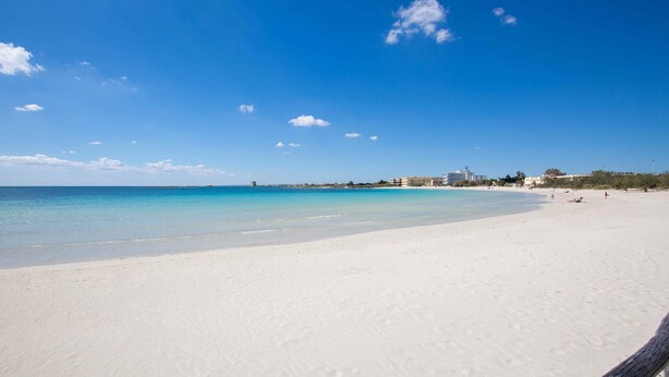 A beach with white sand and clear blue water. There are buildings in the background and a wooden fence in the foreground.