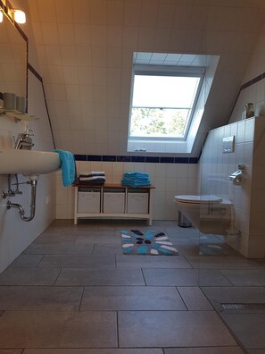 Shower, hair dryer, towels, toilet paper