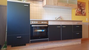 A kitchen with a black refrigerator, a stove, and wooden cabinets. - Vacation with a dog in North Frisia (Klanxbüll)