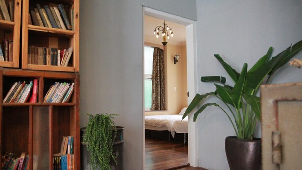 Una habitación con una estantería de madera, una planta en maceta y una cama con ventana y cortinas.