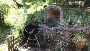 A rustic outdoor setting with a stone oven, a black grill, and a wooden fence. - Mas Cévenol typical family, isolated, quiet, private pool in the heart of 20ha (Anduze)