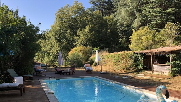 A swimming pool with lounge chairs and umbrellas, surrounded by trees and a wooden deck. - Mas Cévenol typical family, isolated, quiet, private pool in the heart of 20ha (Anduze)