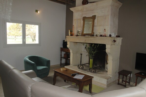 A living room with a fireplace, a sofa, a chair, a coffee table, and a television. - Holiday farmhouse at the vineyard in the Camargue (Arles)