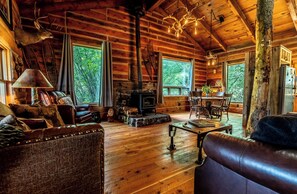 Fireplace, books, stereo