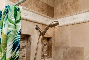Combined shower/tub, hair dryer, towels, soap