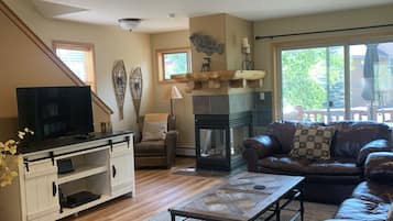 Una Smart TV, una chimenea, un reproductor de DVD, libros