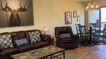 Una Smart TV, una chimenea, un reproductor de DVD, libros