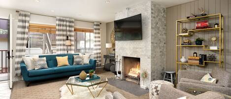 Smart TV, chimenea, estéreo