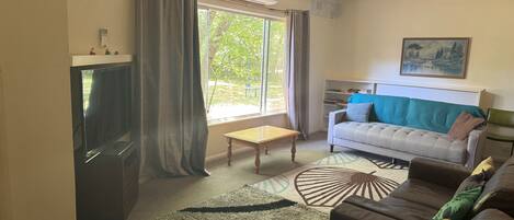 A living room with a sofa, a TV, a coffee table, and a window with curtains.