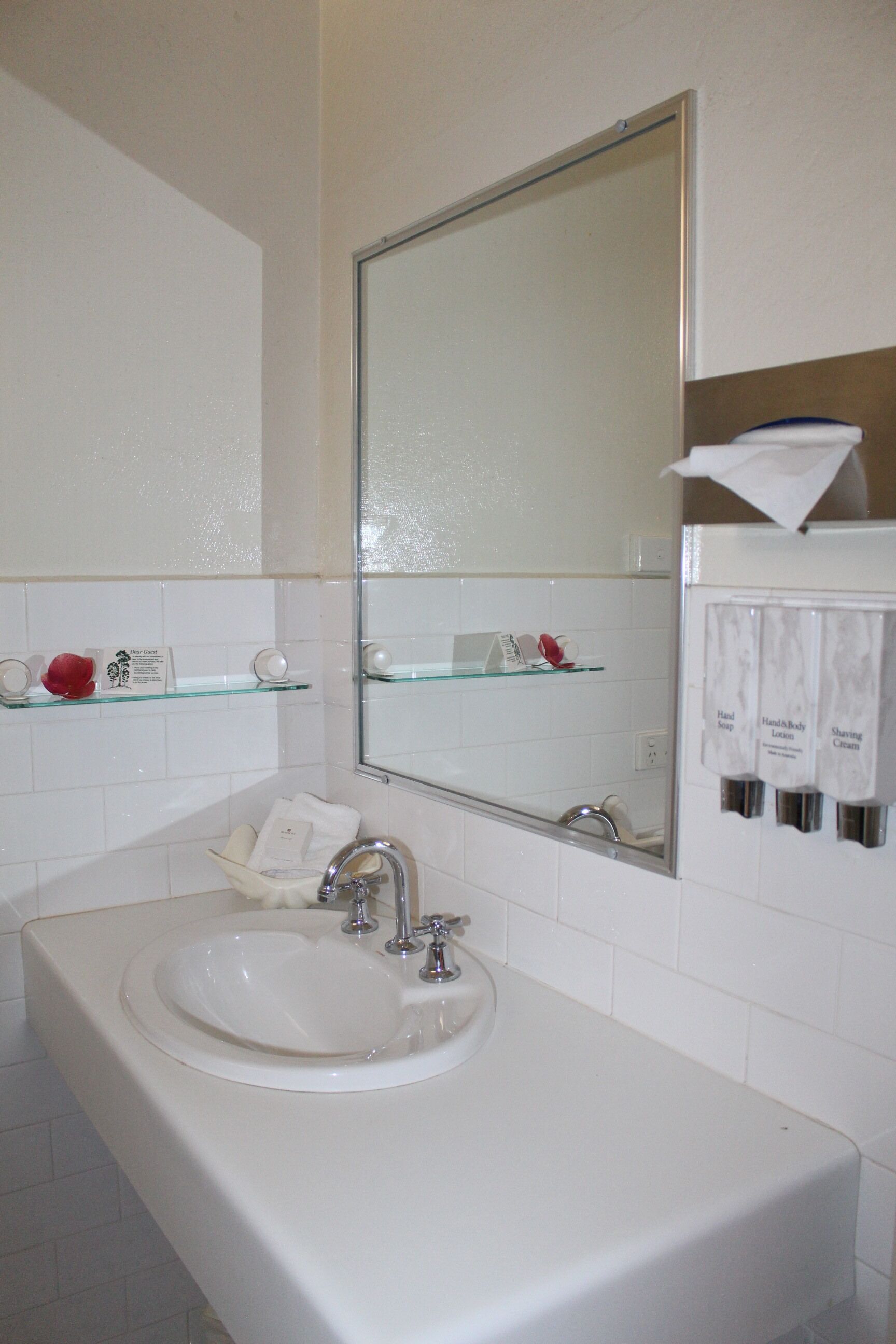 A bathroom with a large mirror, a white sink, and shelves with toiletries.