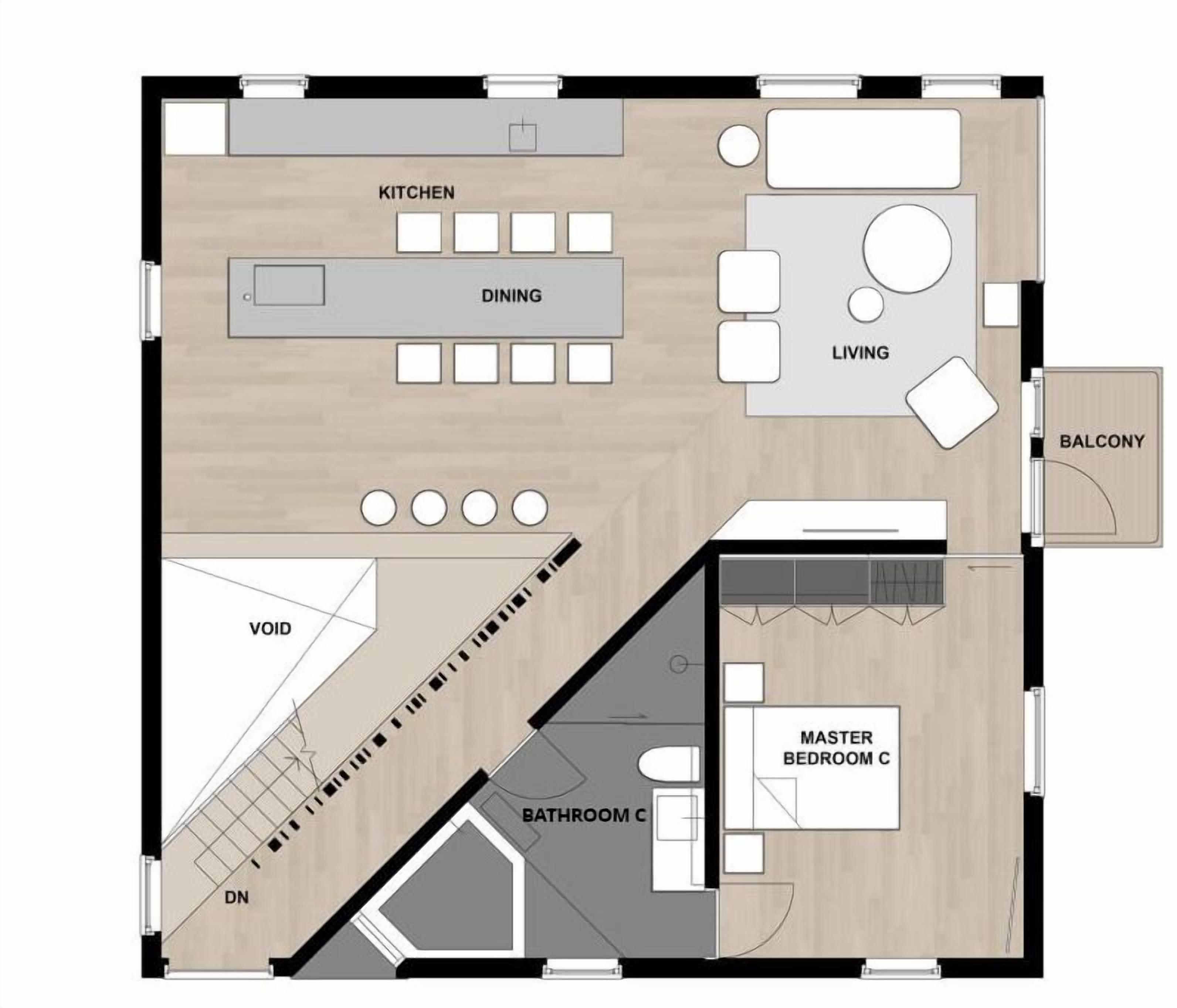 A floor plan with a kitchen, dining area, living room, balcony, master bedroom, bathroom, and a void space.