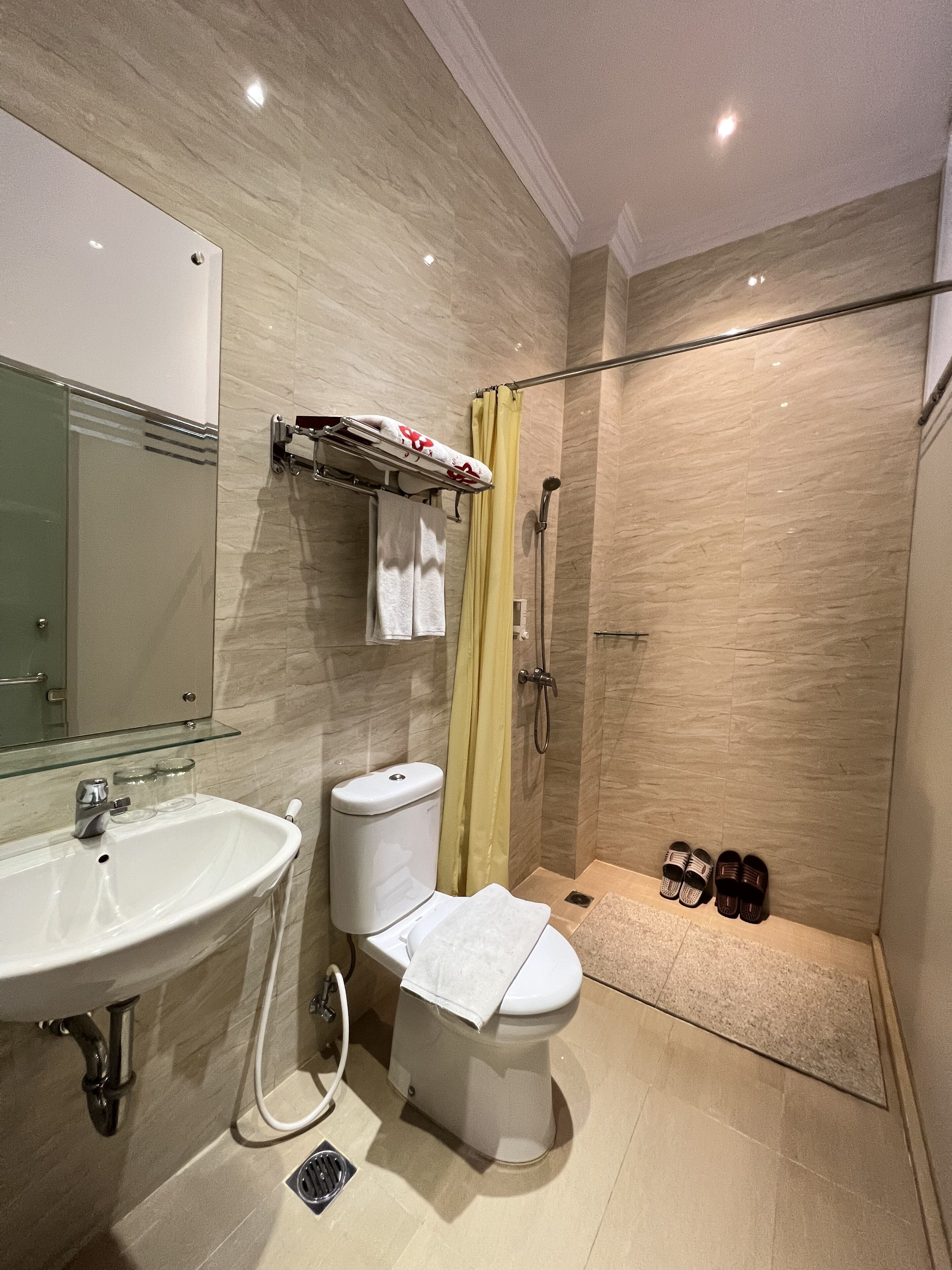 Een moderne badkamer met een wastafel, toilet, douche en een glazen plank boven de wastafel.