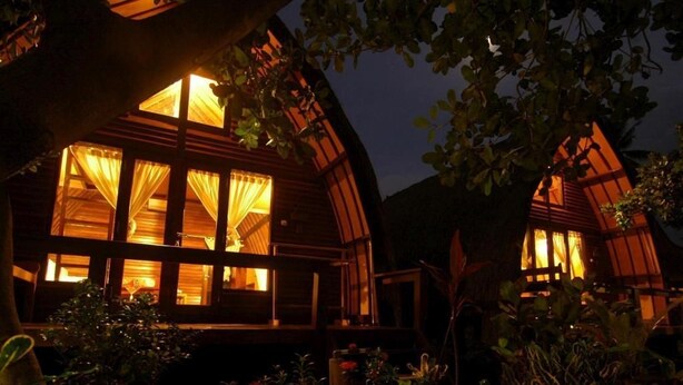 Een houten hut met grote ramen, omgeven door weelderige begroeiing.