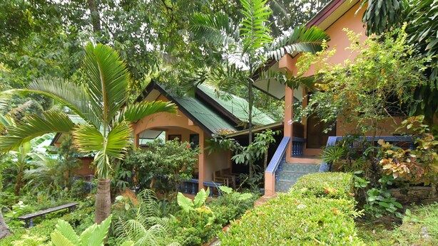 A lush garden with a building featuring a green roof and a staircase leading to an upper level. - Anawin Bungalows (Krabi)