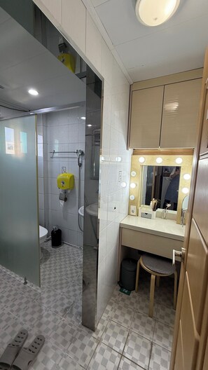 Shower, free toiletries, slippers, bidet