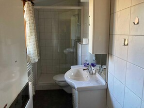A bathroom with a toilet, sink, and shower.