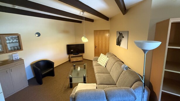 Ein Wohnzimmer mit einer Couch, Fernseher, Glastisch und einer Lampe.