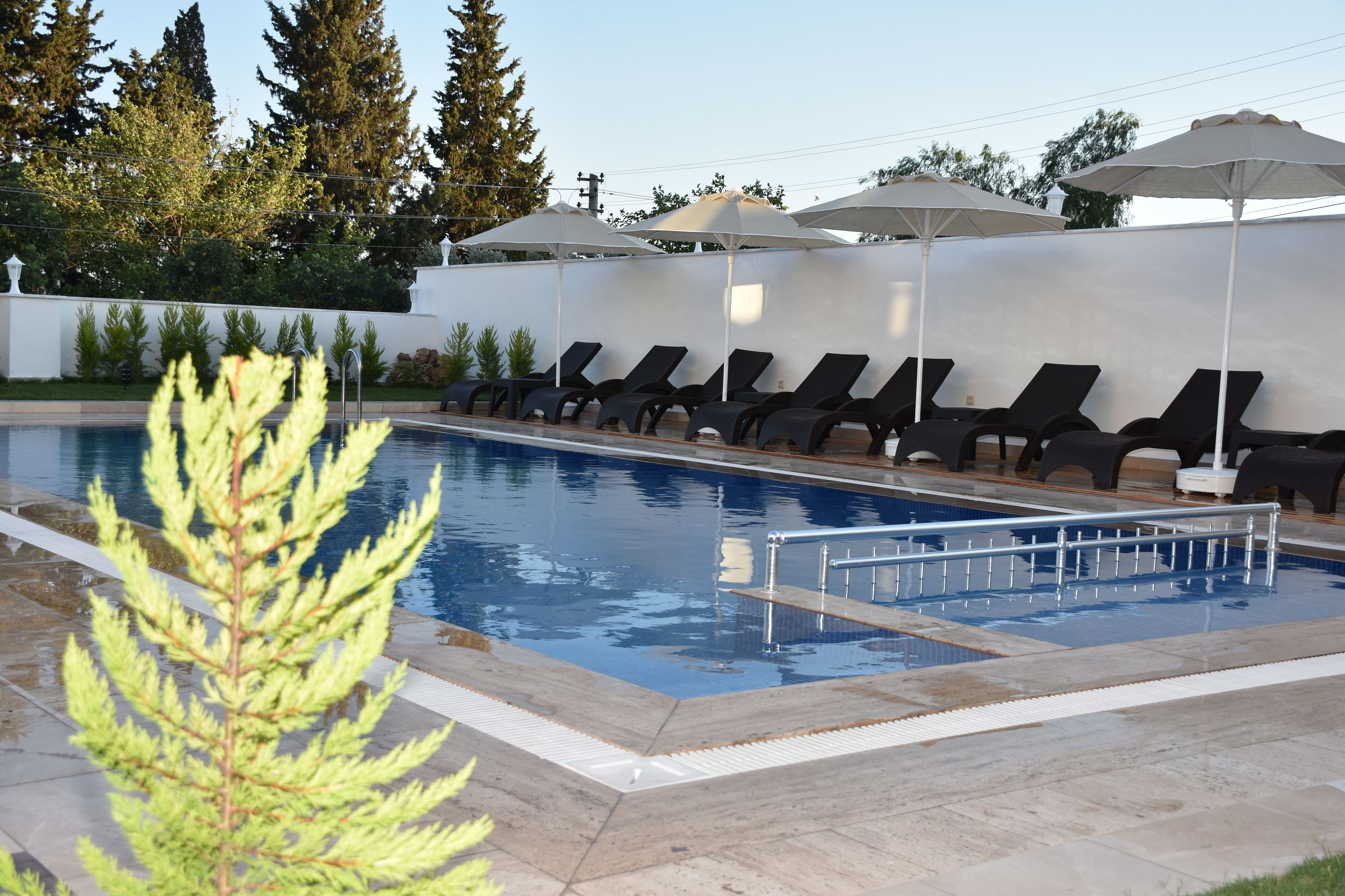 Una piscina amb gandules i ombrelles, envoltada per una paret blanca i arbres.