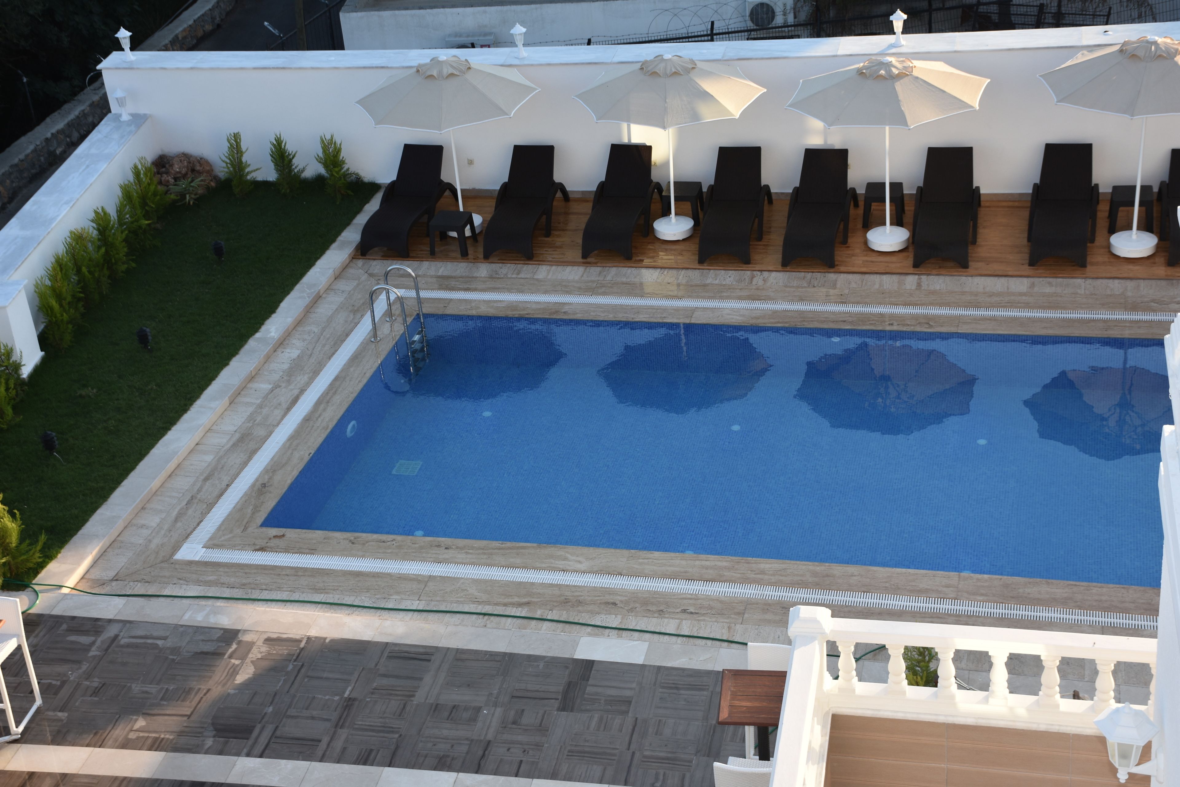 A rooftop pool with lounge chairs and umbrellas, surrounded by a white wall and a small garden.