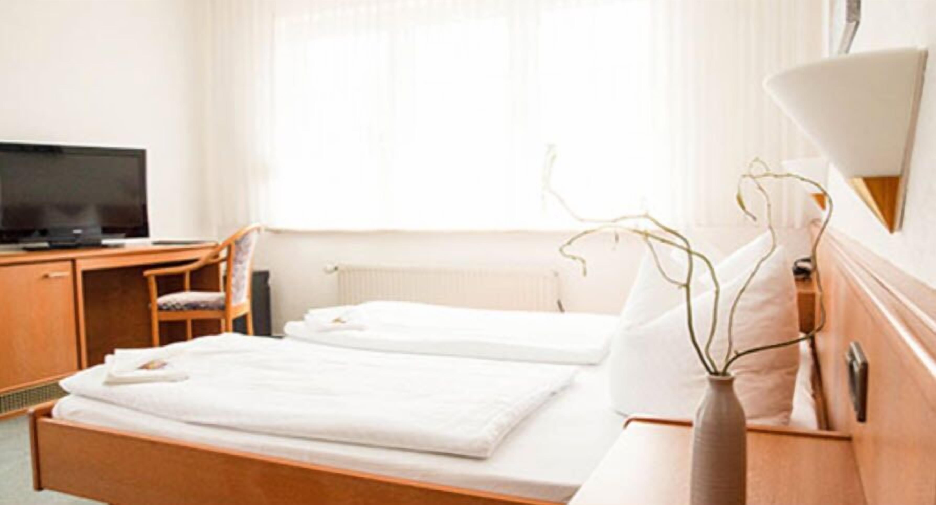 Une chambre d’hôtel équipée d’un lit, d’un bureau, d’une chaise, d’une télévision et d’un vase avec des plantes.