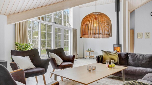 Een ruime woonkamer met een groot raam, een open haard en een hanglamp.