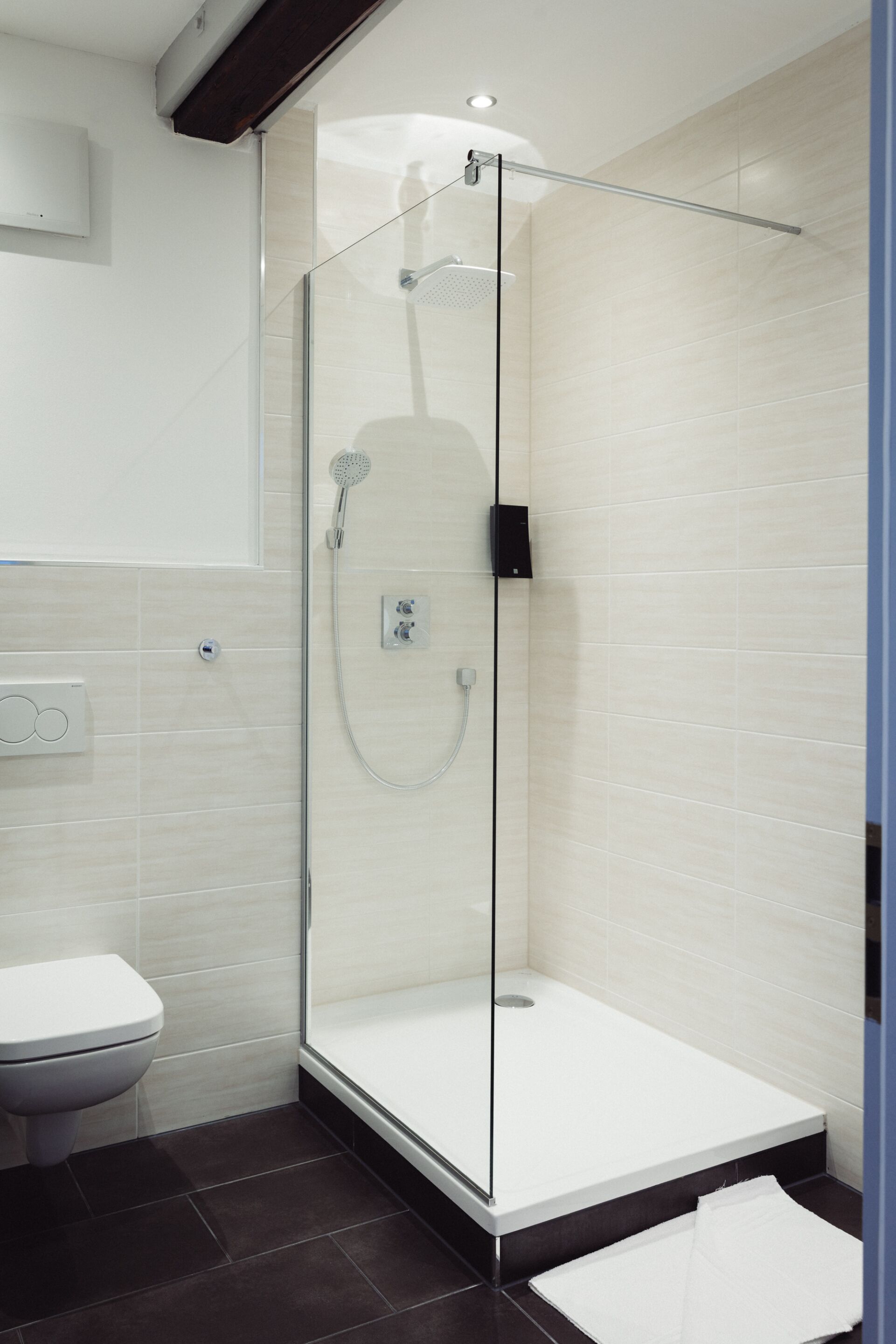 A modern bathroom with a glass-enclosed shower, a white toilet, and a tiled floor.