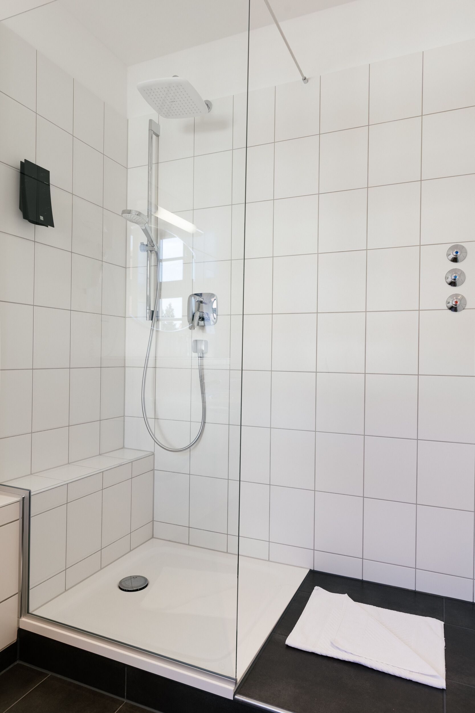 A modern shower area with a glass door, a handheld showerhead, and a control panel.